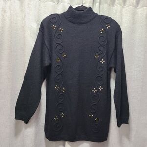 vintage Leslie Fay black sweater gold beaded flowers black trapunto Hong Kong 80